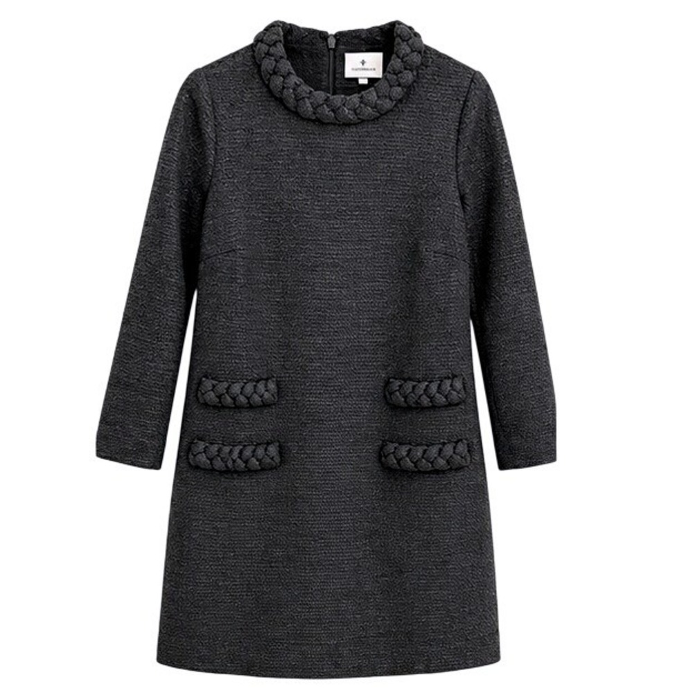 Tuckernuck $278 ICONIC Black Tweed Jackie LS Dress Size XS Shift Mini Braid